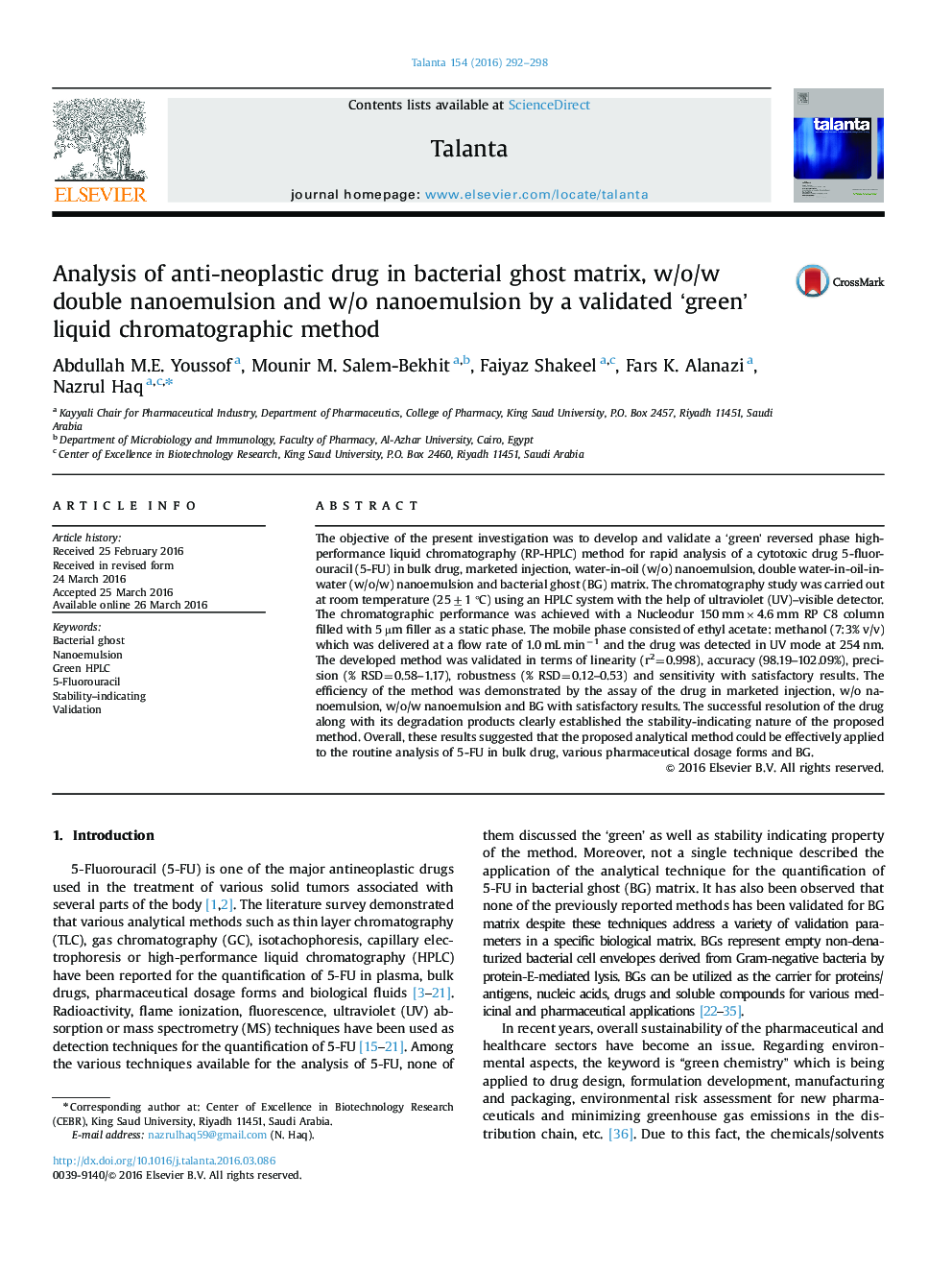 Analysis of anti-neoplastic drug in bacterial ghost matrix, w/o/w double nanoemulsion and w/o nanoemulsion by a validated 'green' liquid chromatographic method