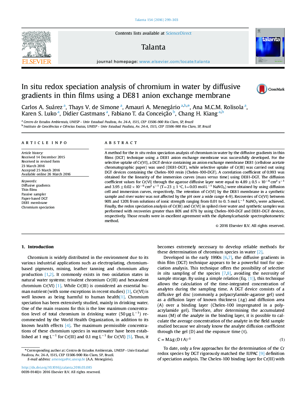 In situ redox speciation analysis of chromium in water by diffusive gradients in thin films using a DE81 anion exchange membrane