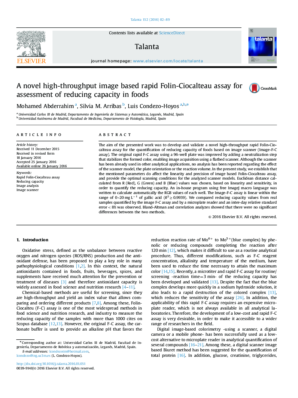 A novel high-throughput image based rapid Folin-Ciocalteau assay for assessment of reducing capacity in foods