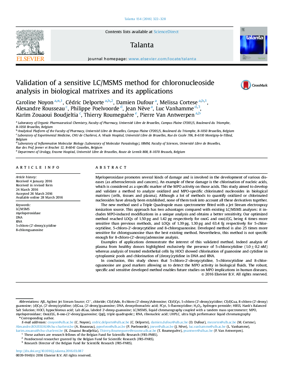 Validation of a sensitive LC/MSMS method for chloronucleoside analysis in biological matrixes and its applications