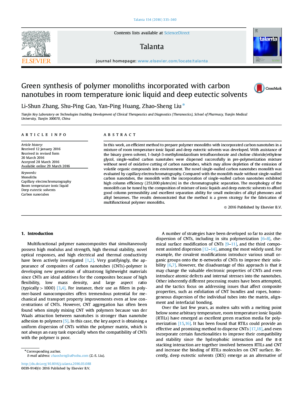 Green synthesis of polymer monoliths incorporated with carbon nanotubes in room temperature ionic liquid and deep eutectic solvents