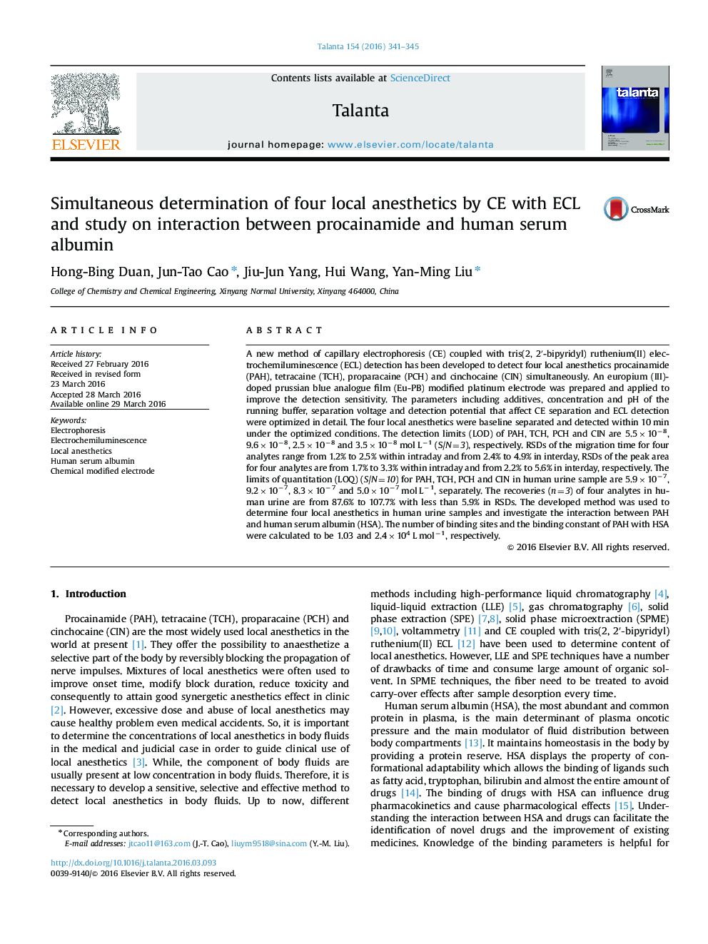 Simultaneous determination of four local anesthetics by CE with ECL and study on interaction between procainamide and human serum albumin