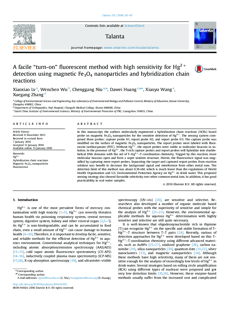 A facile “turn-on” fluorescent method with high sensitivity for Hg2+ detection using magnetic Fe3O4 nanoparticles and hybridization chain reactions