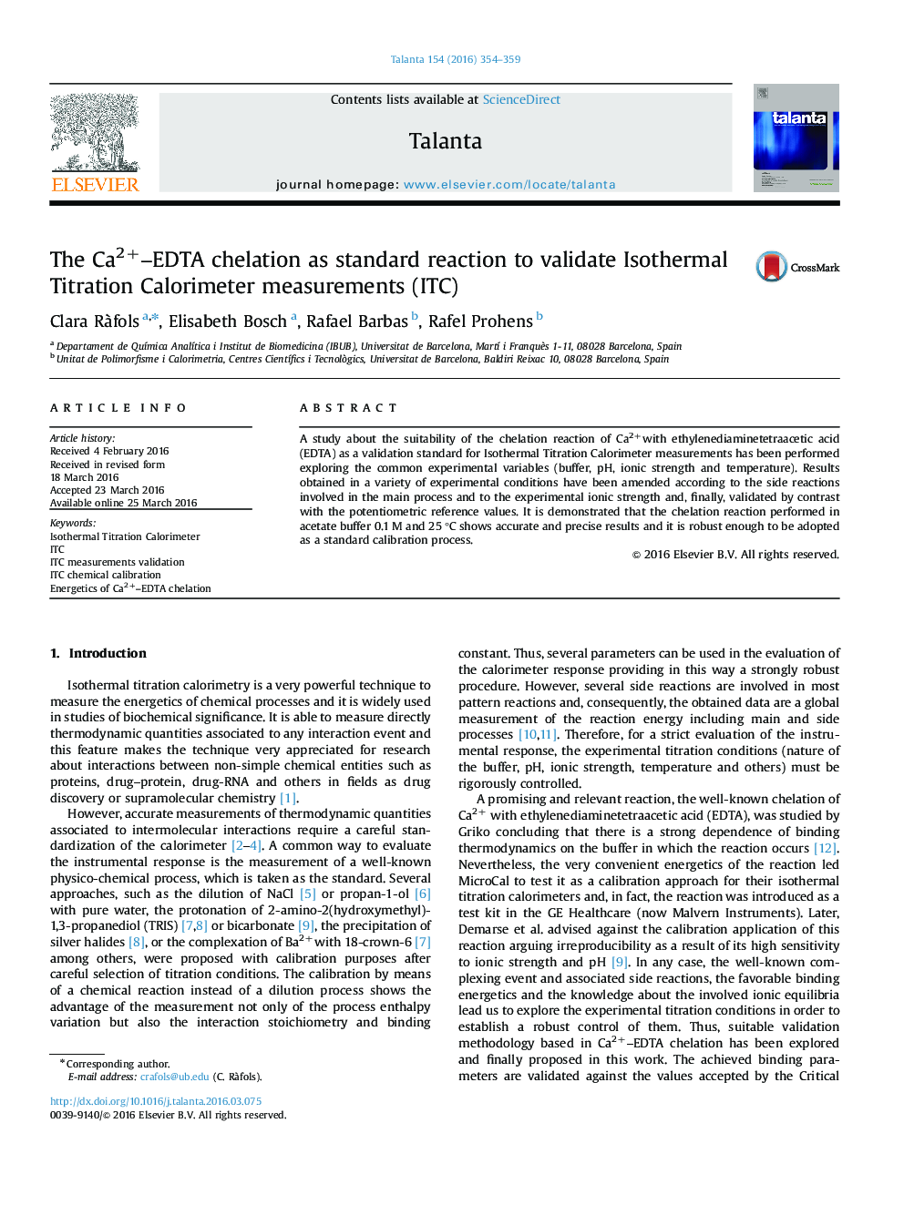 The Ca2+-EDTA chelation as standard reaction to validate Isothermal Titration Calorimeter measurements (ITC)