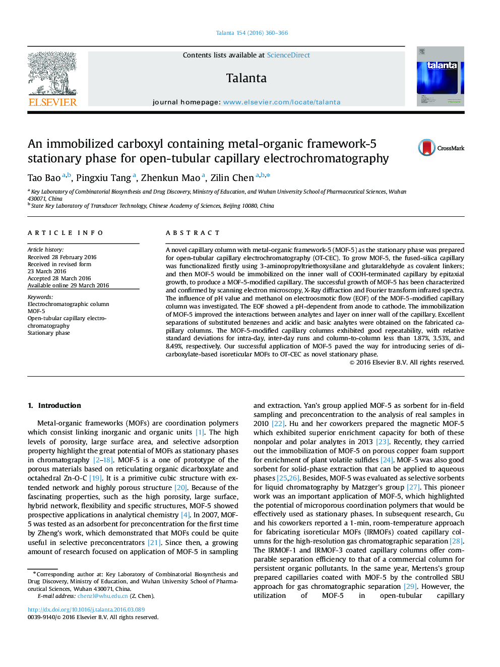 An immobilized carboxyl containing metal-organic framework-5 stationary phase for open-tubular capillary electrochromatography