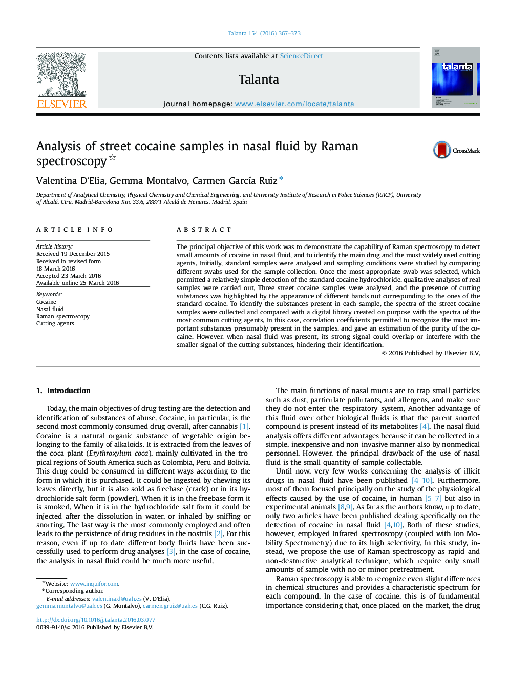 Analysis of street cocaine samples in nasal fluid by Raman spectroscopy