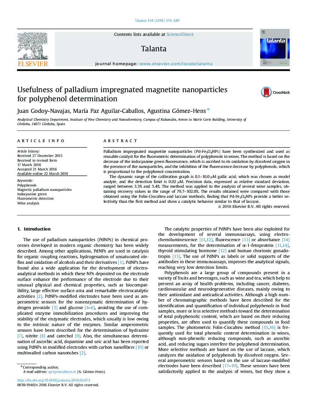 Usefulness of palladium impregnated magnetite nanoparticles for polyphenol determination