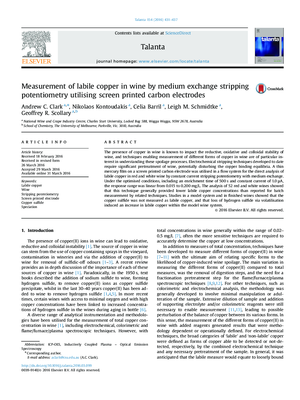 Measurement of labile copper in wine by medium exchange stripping potentiometry utilising screen printed carbon electrodes