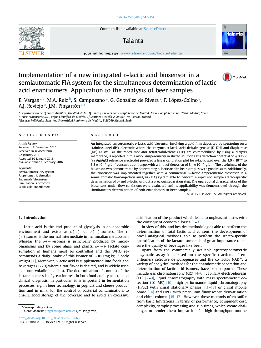 Implementation of a new integrated d-lactic acid biosensor in a semiautomatic FIA system for the simultaneous determination of lactic acid enantiomers. Application to the analysis of beer samples