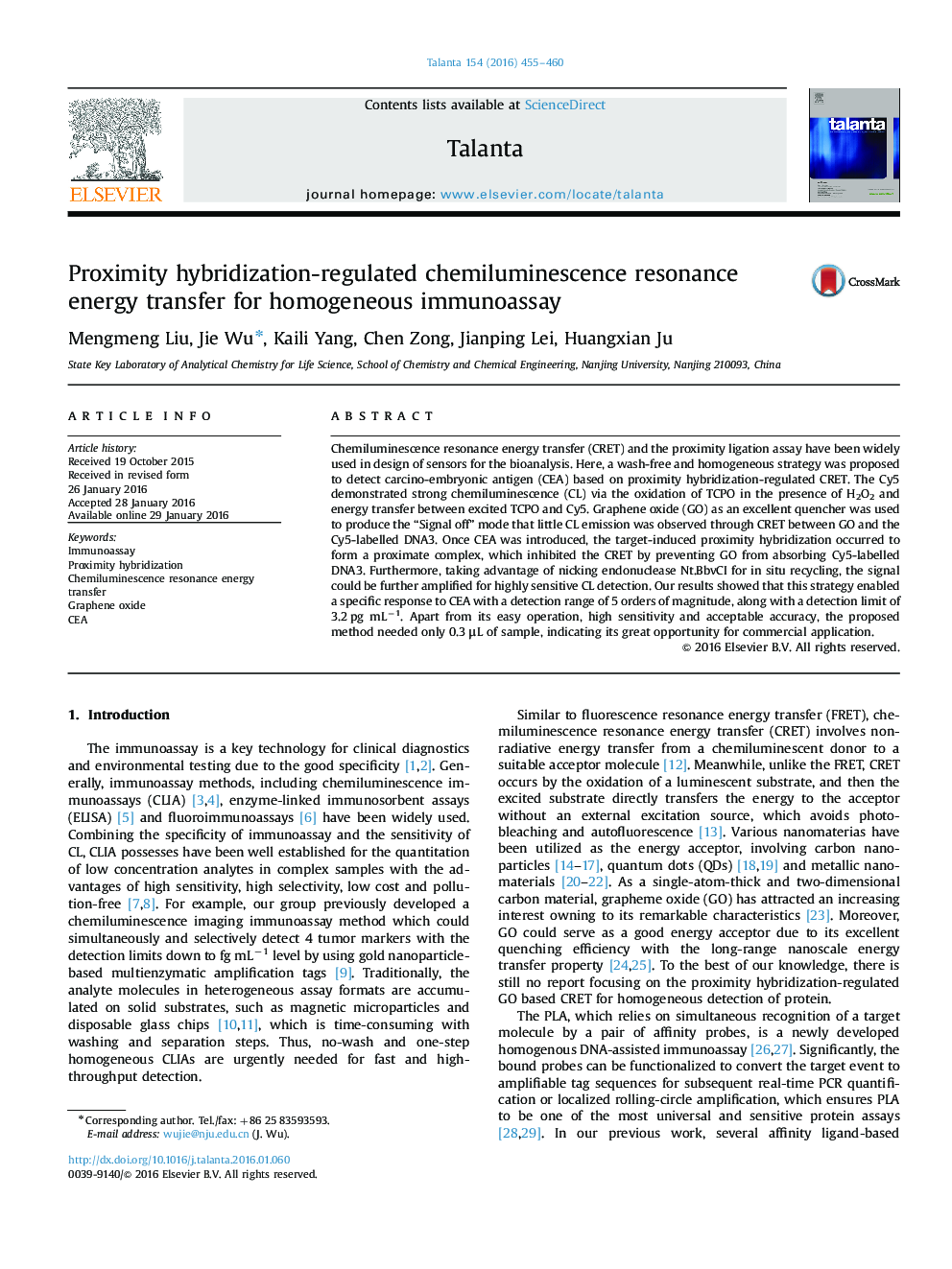 Proximity hybridization-regulated chemiluminescence resonance energy transfer for homogeneous immunoassay