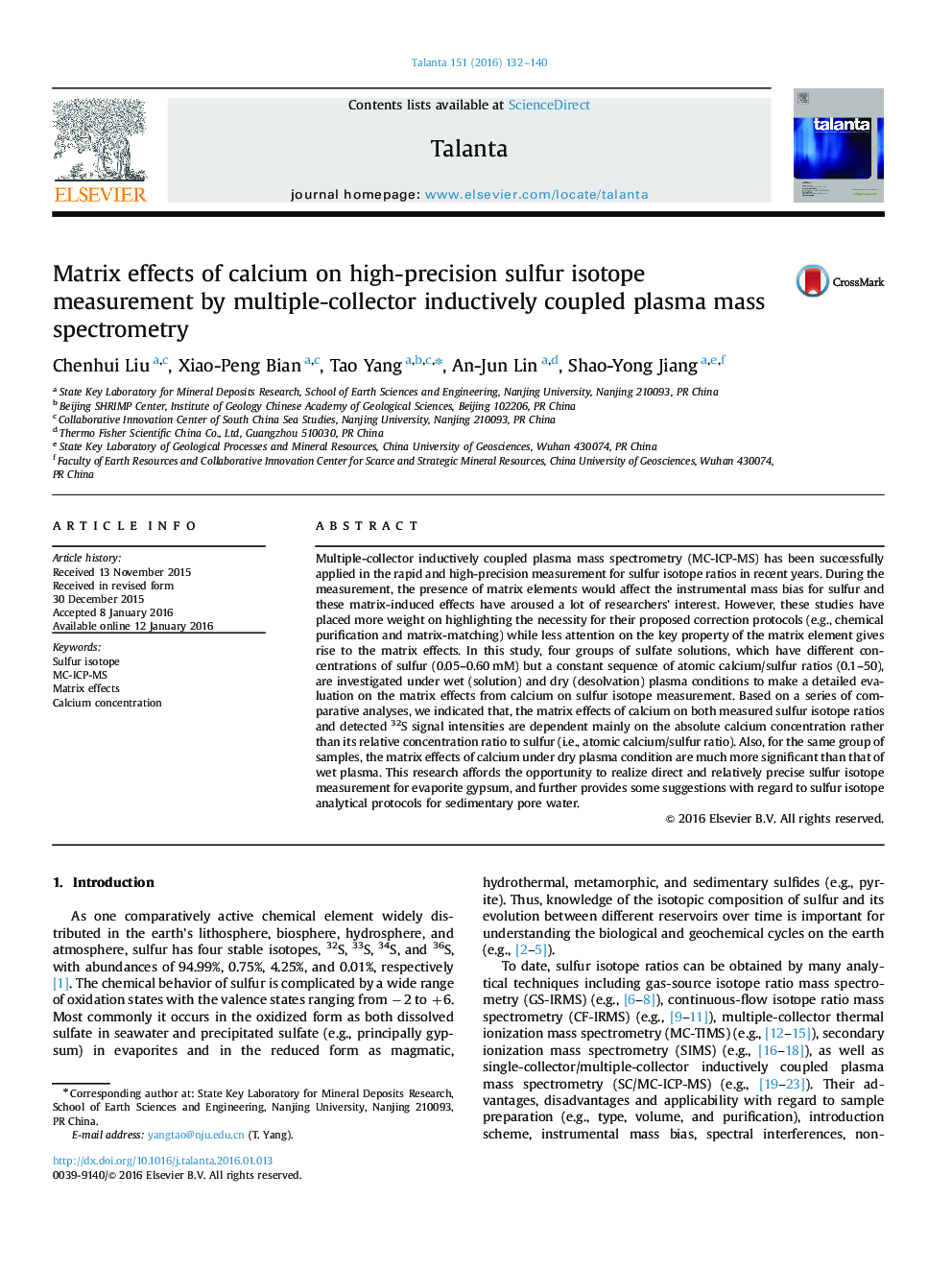 Matrix effects of calcium on high-precision sulfur isotope measurement by multiple-collector inductively coupled plasma mass spectrometry