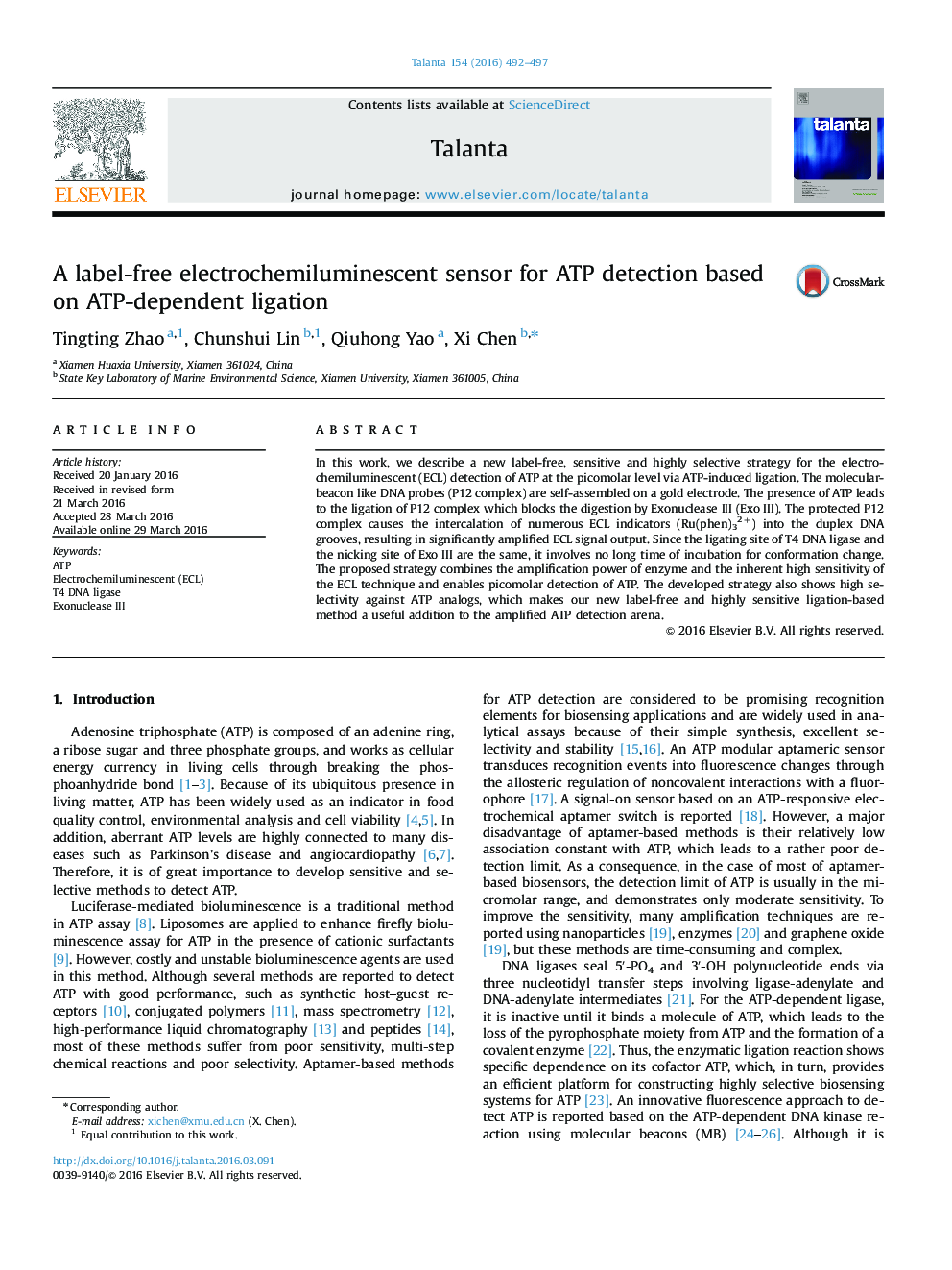 A label-free electrochemiluminescent sensor for ATP detection based on ATP-dependent ligation