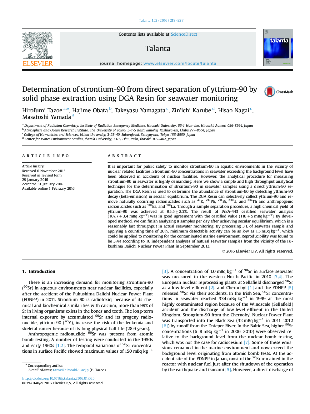 Determination of strontium-90 from direct separation of yttrium-90 by solid phase extraction using DGA Resin for seawater monitoring