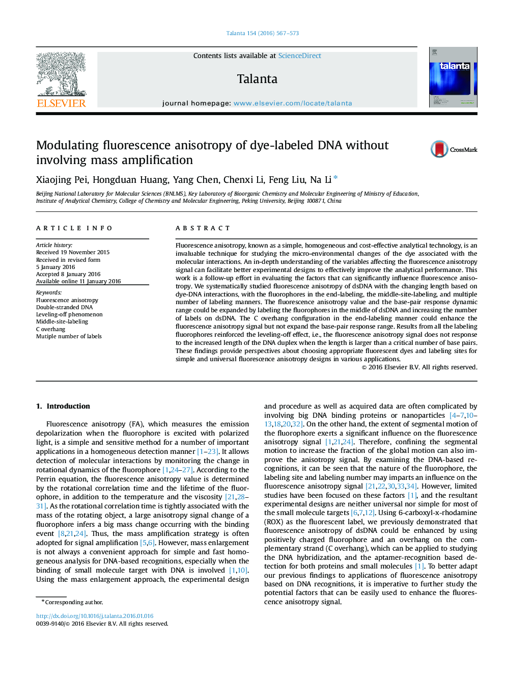 Modulating fluorescence anisotropy of dye-labeled DNA without involving mass amplification