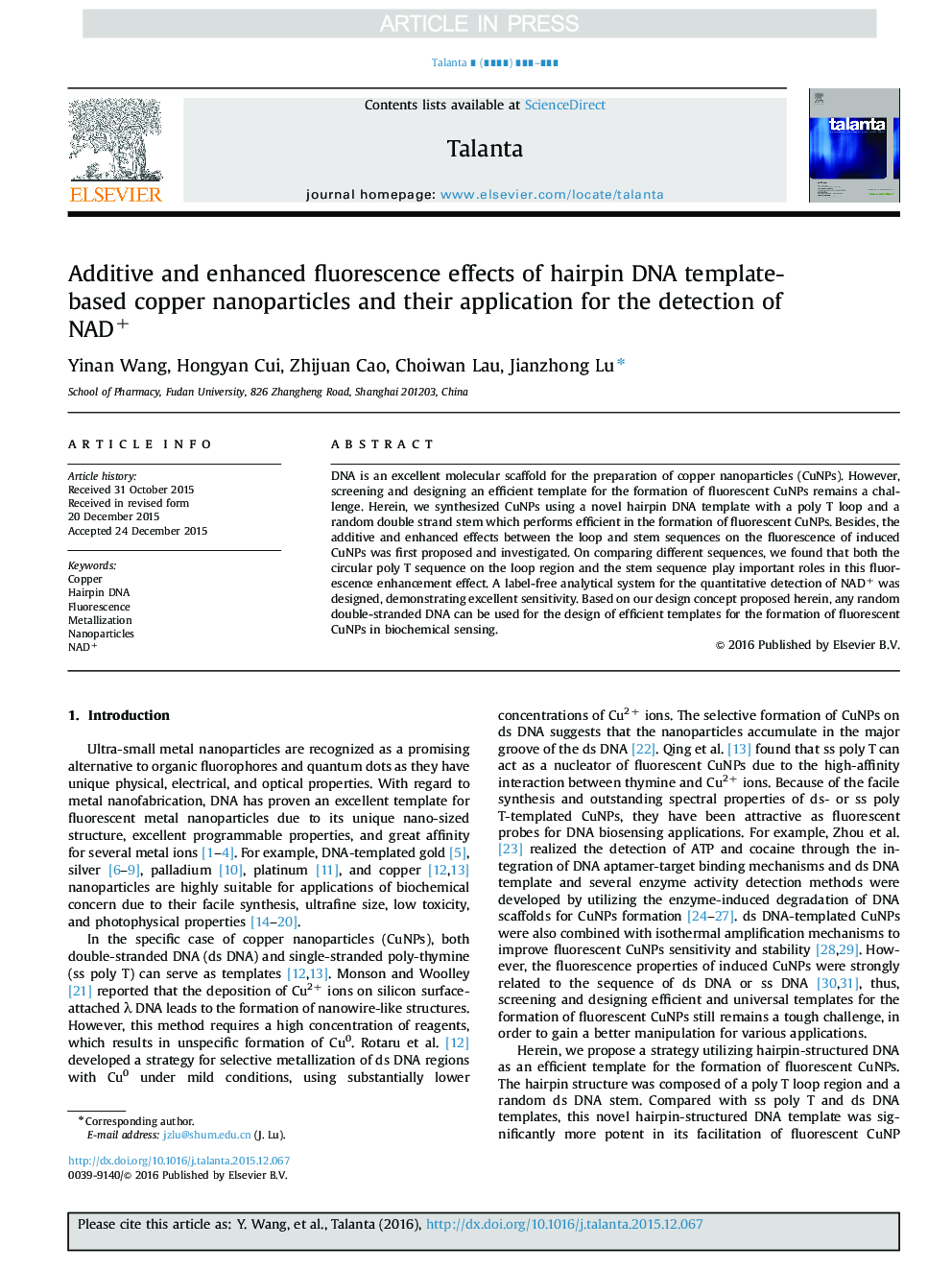Additive and enhanced fluorescence effects of hairpin DNA template-based copper nanoparticles and their application for the detection of NAD+