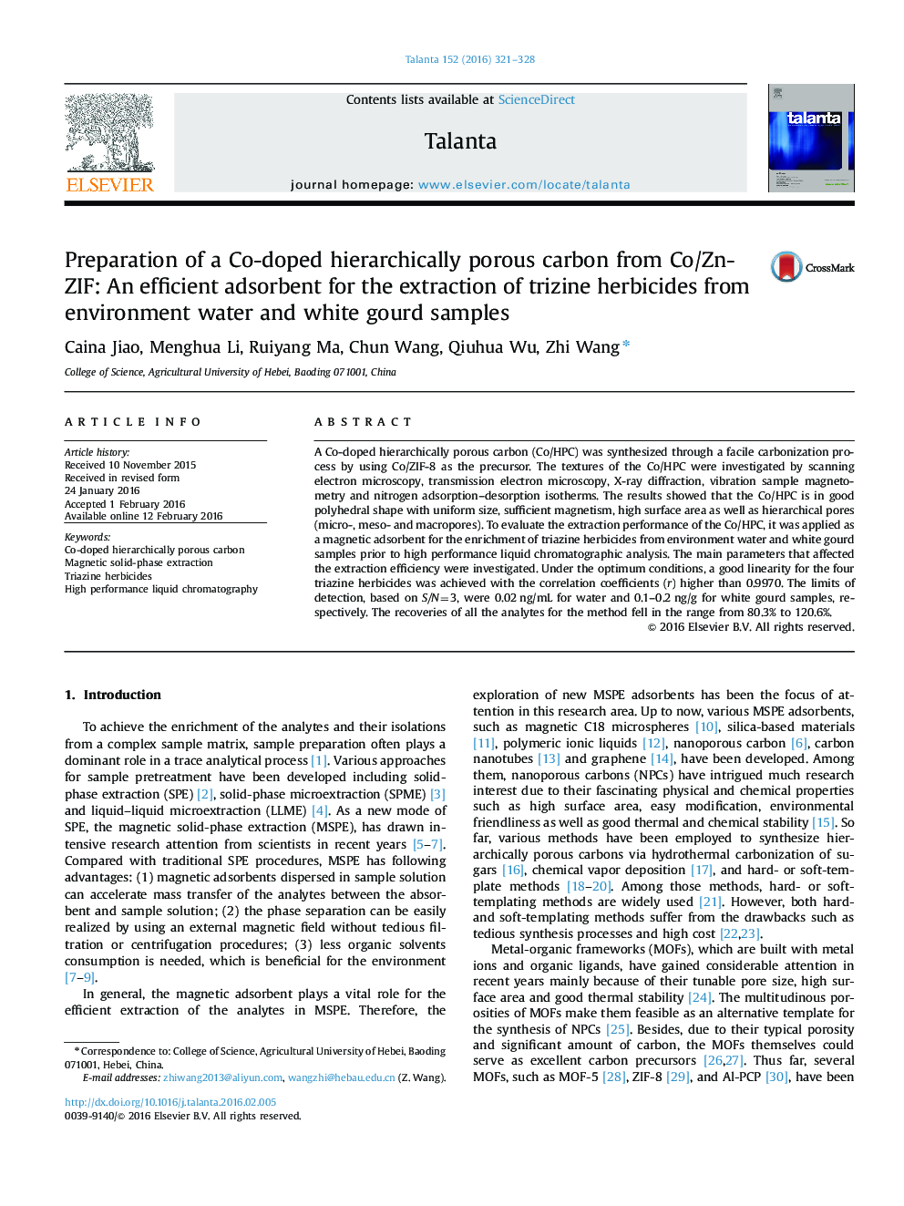 Preparation of a Co-doped hierarchically porous carbon from Co/Zn-ZIF: An efficient adsorbent for the extraction of trizine herbicides from environment water and white gourd samples