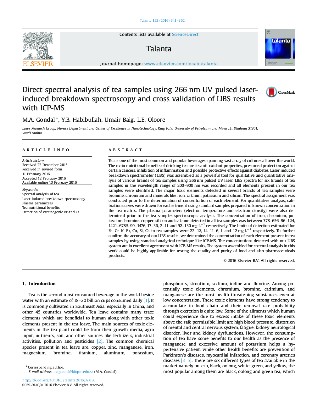 Direct spectral analysis of tea samples using 266Â nm UV pulsed laser-induced breakdown spectroscopy and cross validation of LIBS results with ICP-MS