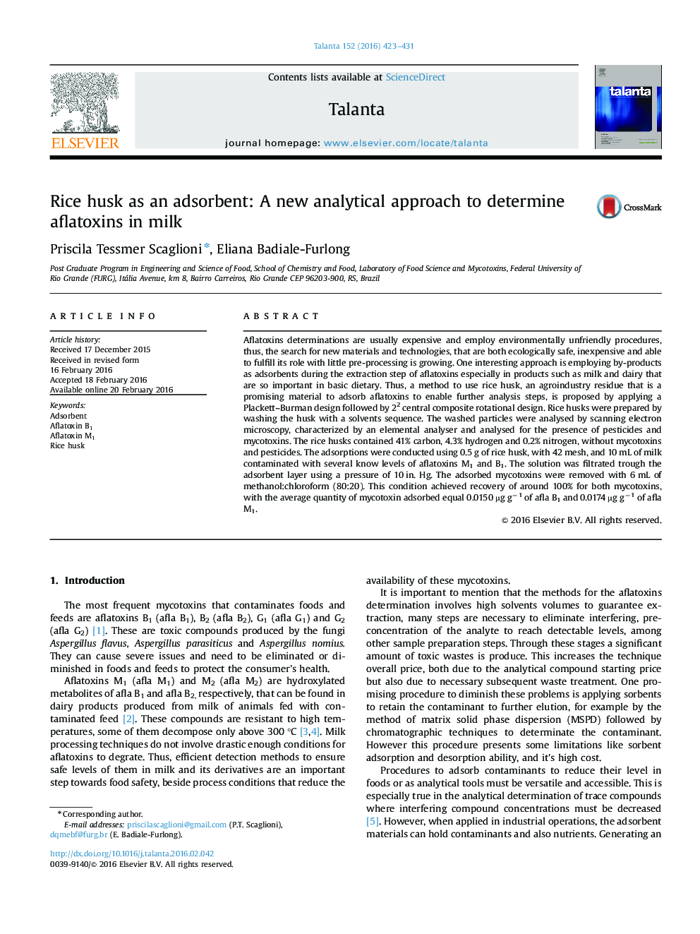 Rice husk as an adsorbent: A new analytical approach to determine aflatoxins in milk