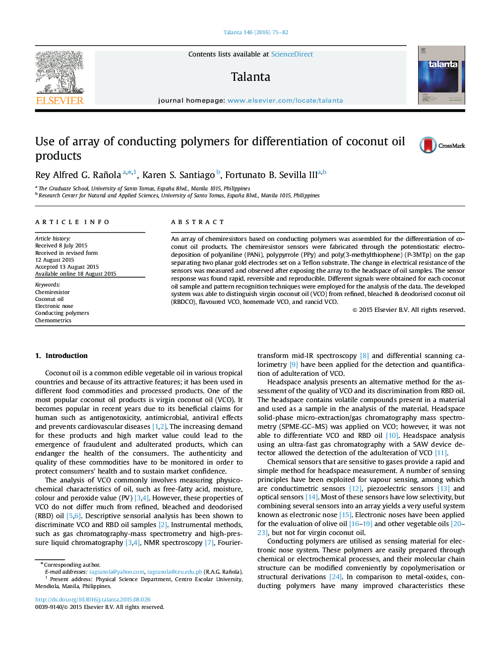 Use of array of conducting polymers for differentiation of coconut oil products