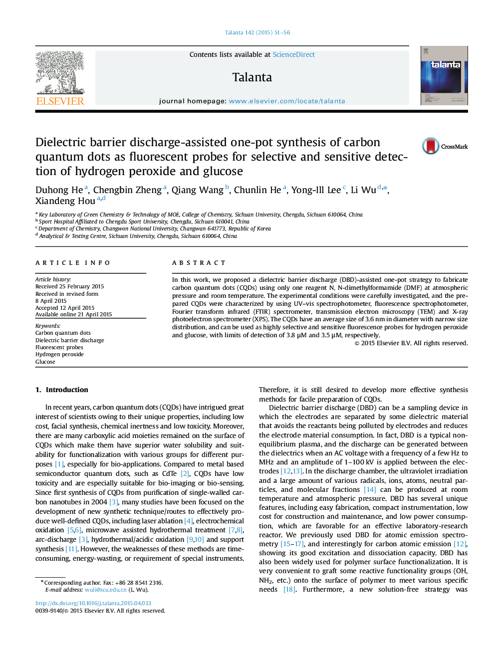 Dielectric barrier discharge-assisted one-pot synthesis of carbon quantum dots as fluorescent probes for selective and sensitive detection of hydrogen peroxide and glucose