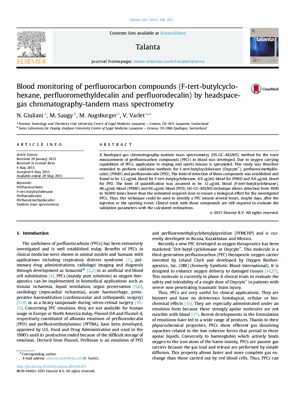 Blood monitoring of perfluorocarbon compounds (F-tert-butylcyclohexane, perfluoromethyldecalin and perfluorodecalin) by headspace-gas chromatography-tandem mass spectrometry