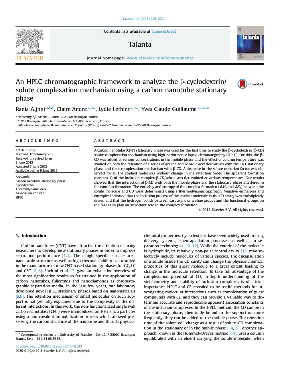 An HPLC chromatographic framework to analyze the Î²-cyclodextrin/solute complexation mechanism using a carbon nanotube stationary phase