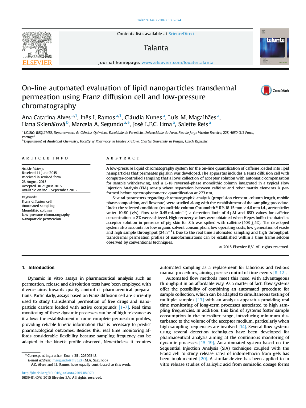 On-line automated evaluation of lipid nanoparticles transdermal permeation using Franz diffusion cell and low-pressure chromatography