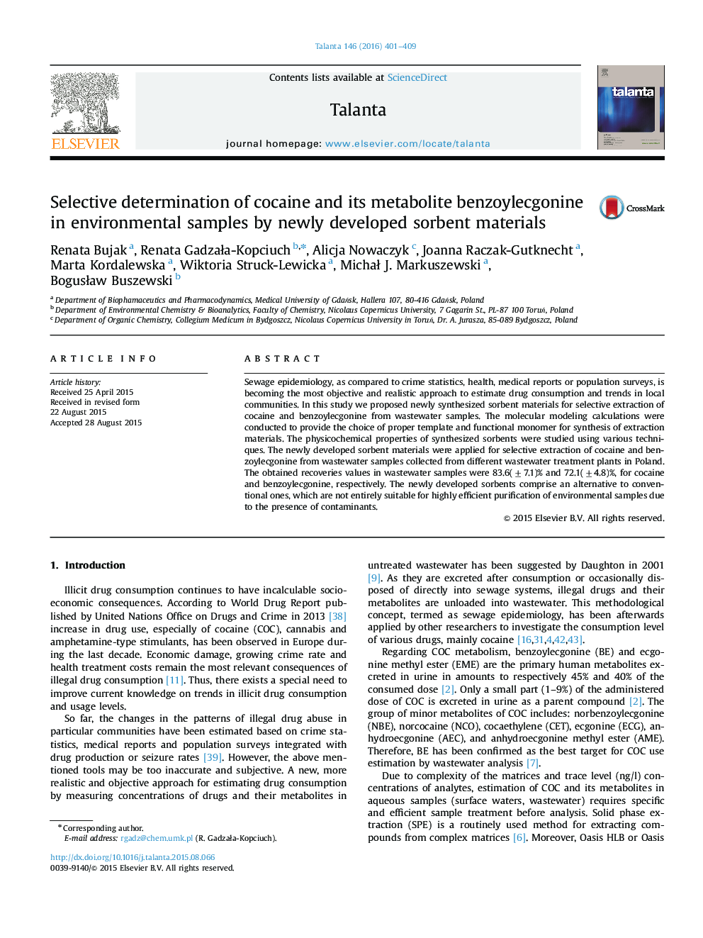 Selective determination of cocaine and its metabolite benzoylecgonine in environmental samples by newly developed sorbent materials