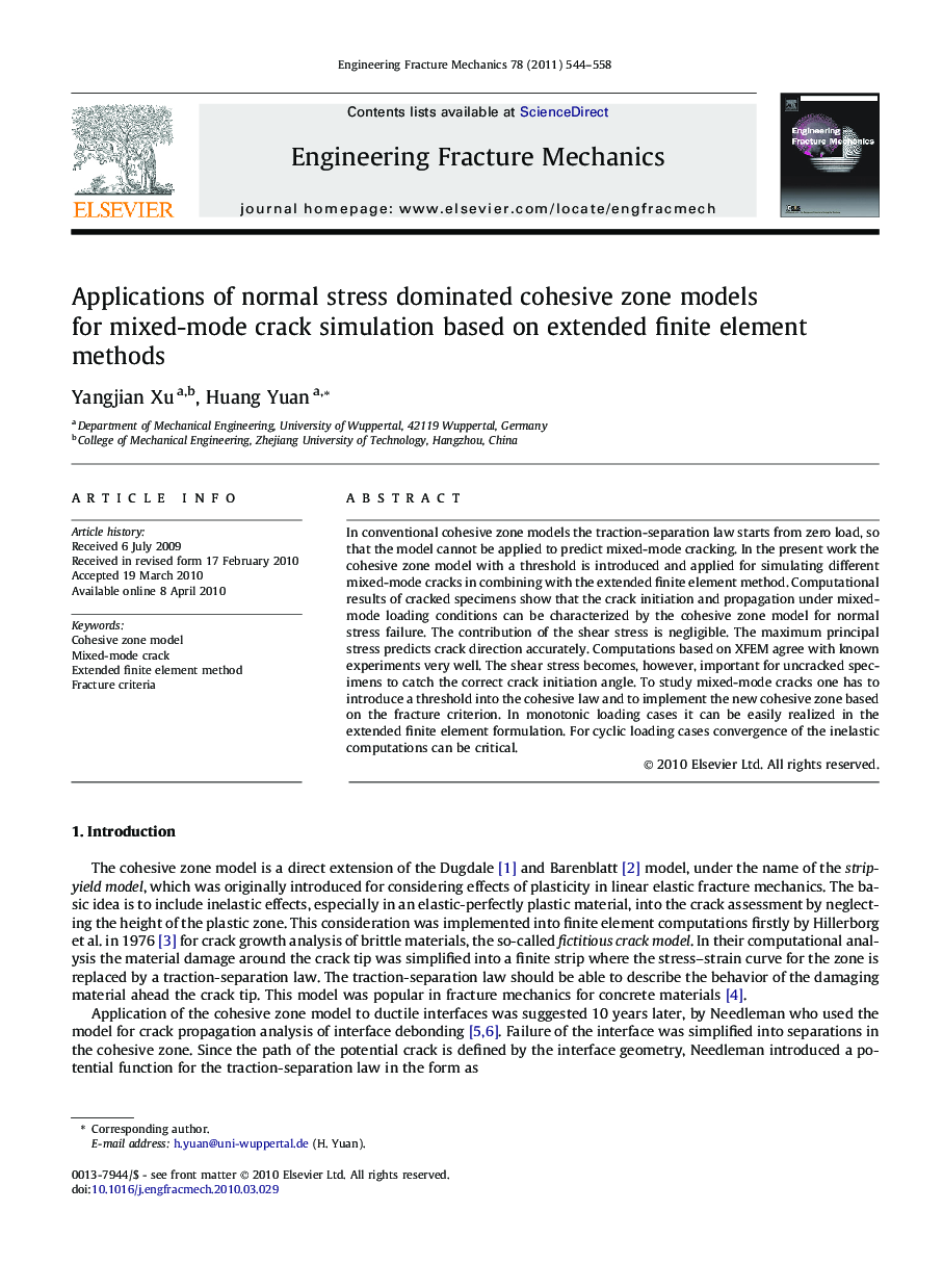 Applications of normal stress dominated cohesive zone models for mixed-mode crack simulation based on extended finite element methods