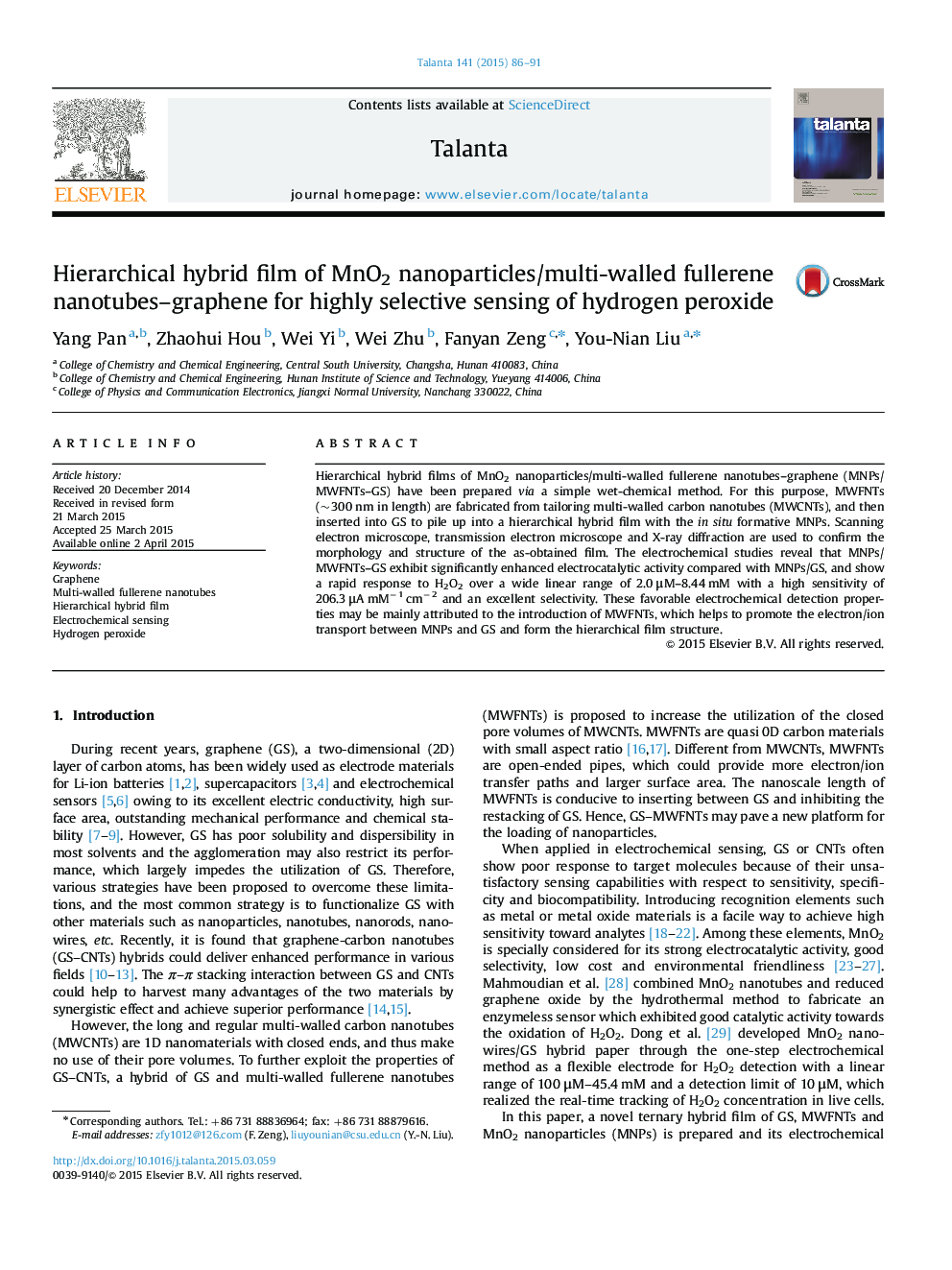 Hierarchical hybrid film of MnO2 nanoparticles/multi-walled fullerene nanotubes-graphene for highly selective sensing of hydrogen peroxide