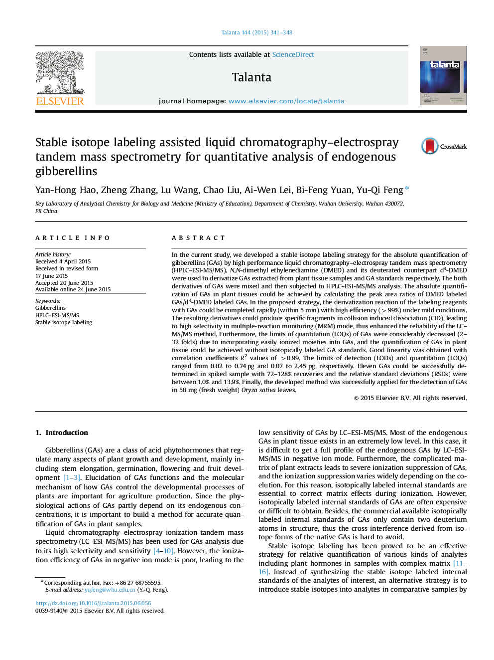 Stable isotope labeling assisted liquid chromatography-electrospray tandem mass spectrometry for quantitative analysis of endogenous gibberellins