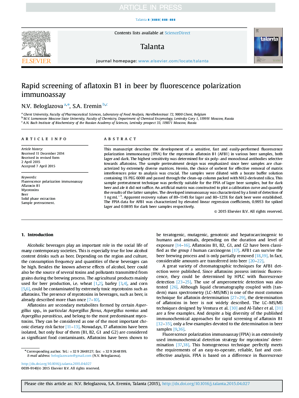 Rapid screening of aflatoxin B1 in beer by fluorescence polarization immunoassay