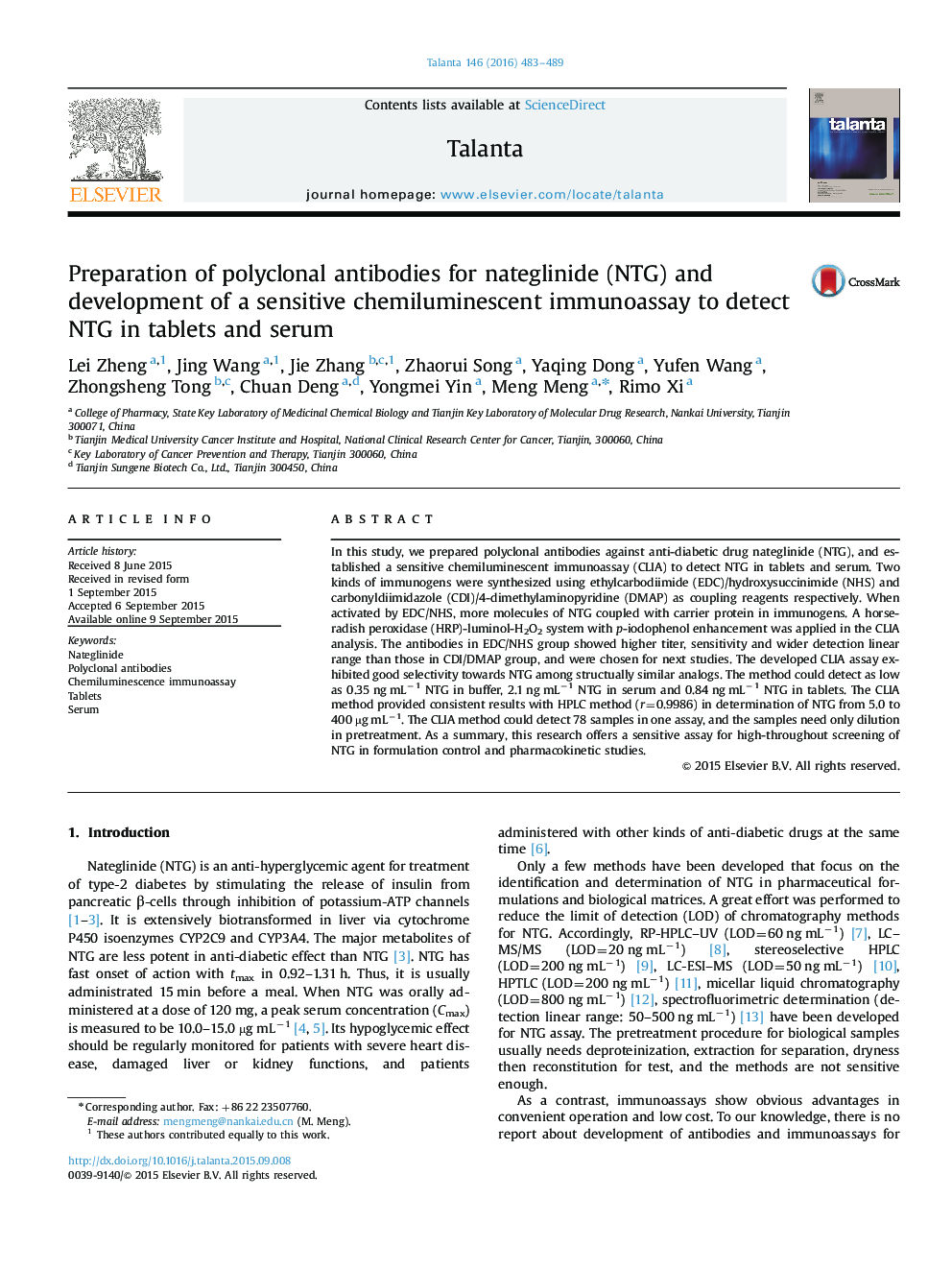 Preparation of polyclonal antibodies for nateglinide (NTG) and development of a sensitive chemiluminescent immunoassay to detect NTG in tablets and serum