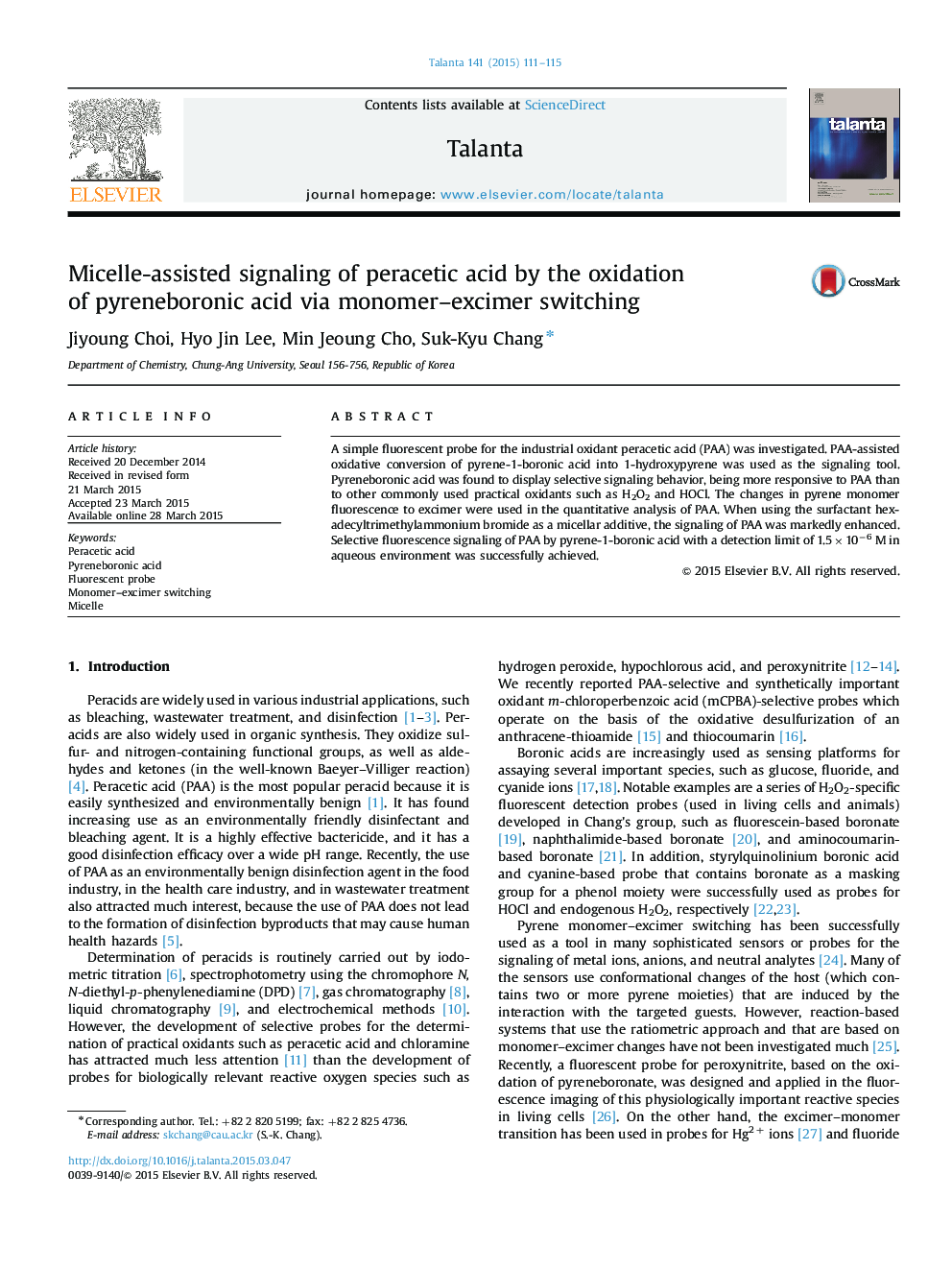 Micelle-assisted signaling of peracetic acid by the oxidation of pyreneboronic acid via monomer-excimer switching