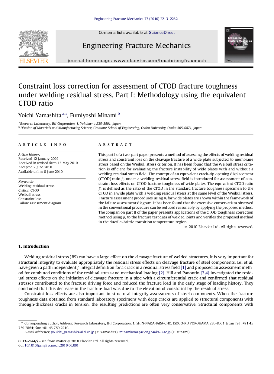 Constraint loss correction for assessment of CTOD fracture toughness under welding residual stress. Part I: Methodology using the equivalent CTOD ratio