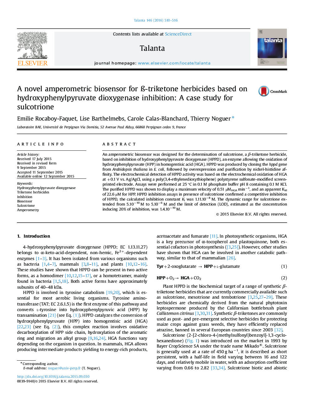 A novel amperometric biosensor for Ã-triketone herbicides based on hydroxyphenylpyruvate dioxygenase inhibition: A case study for sulcotrione