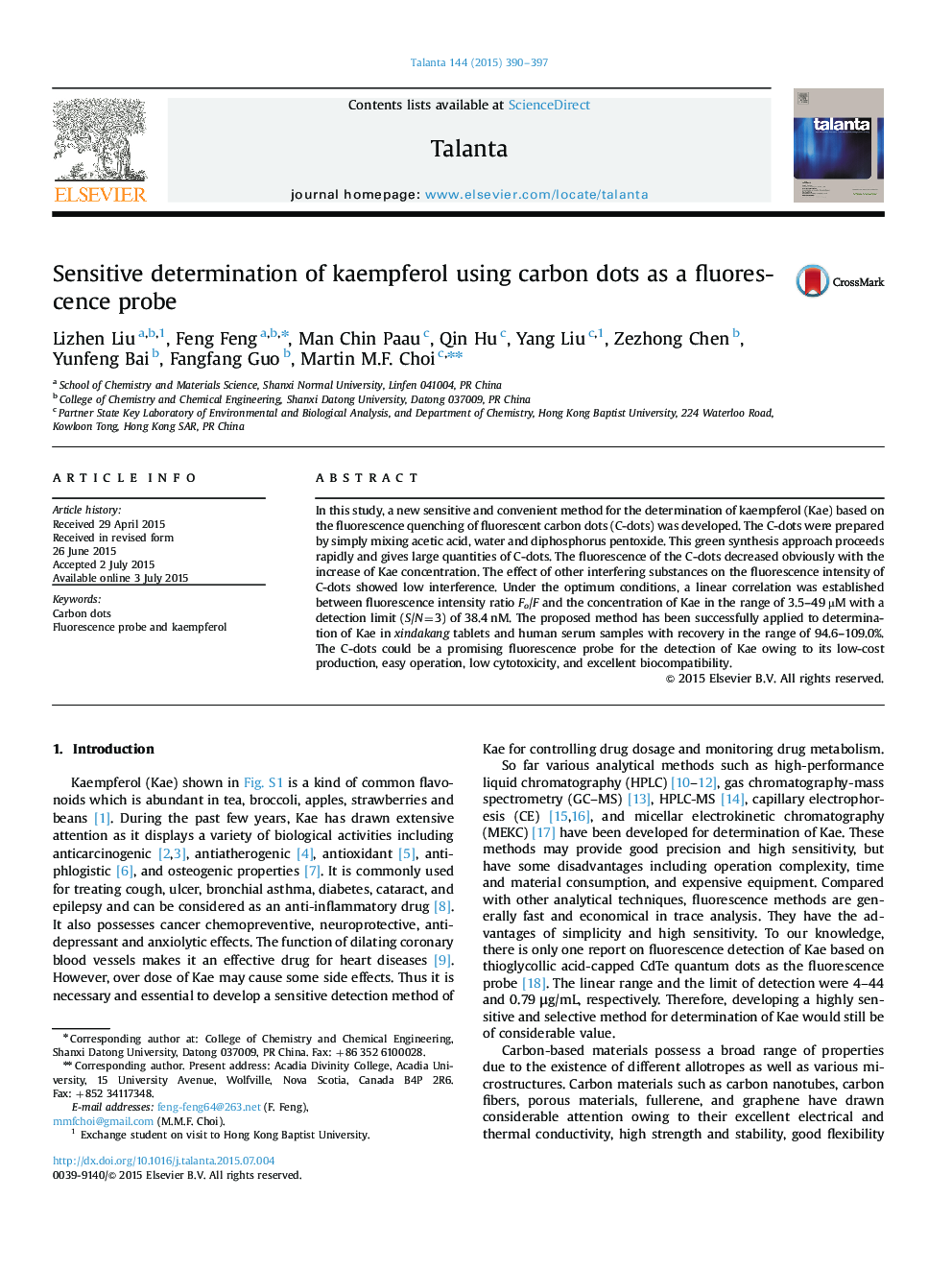 Sensitive determination of kaempferol using carbon dots as a fluorescence probe