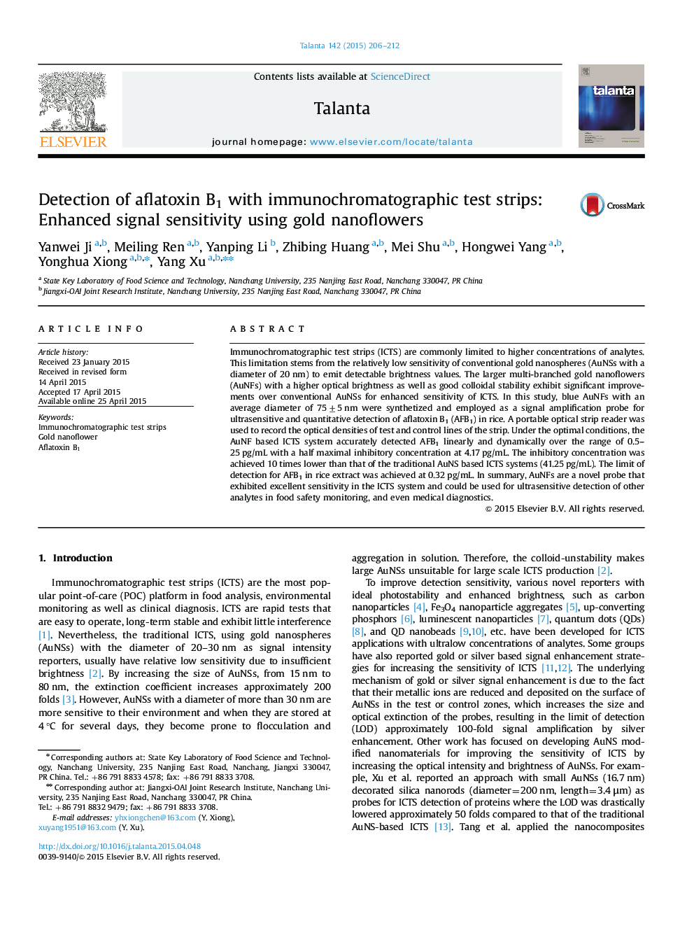 Detection of aflatoxin B1 with immunochromatographic test strips: Enhanced signal sensitivity using gold nanoflowers