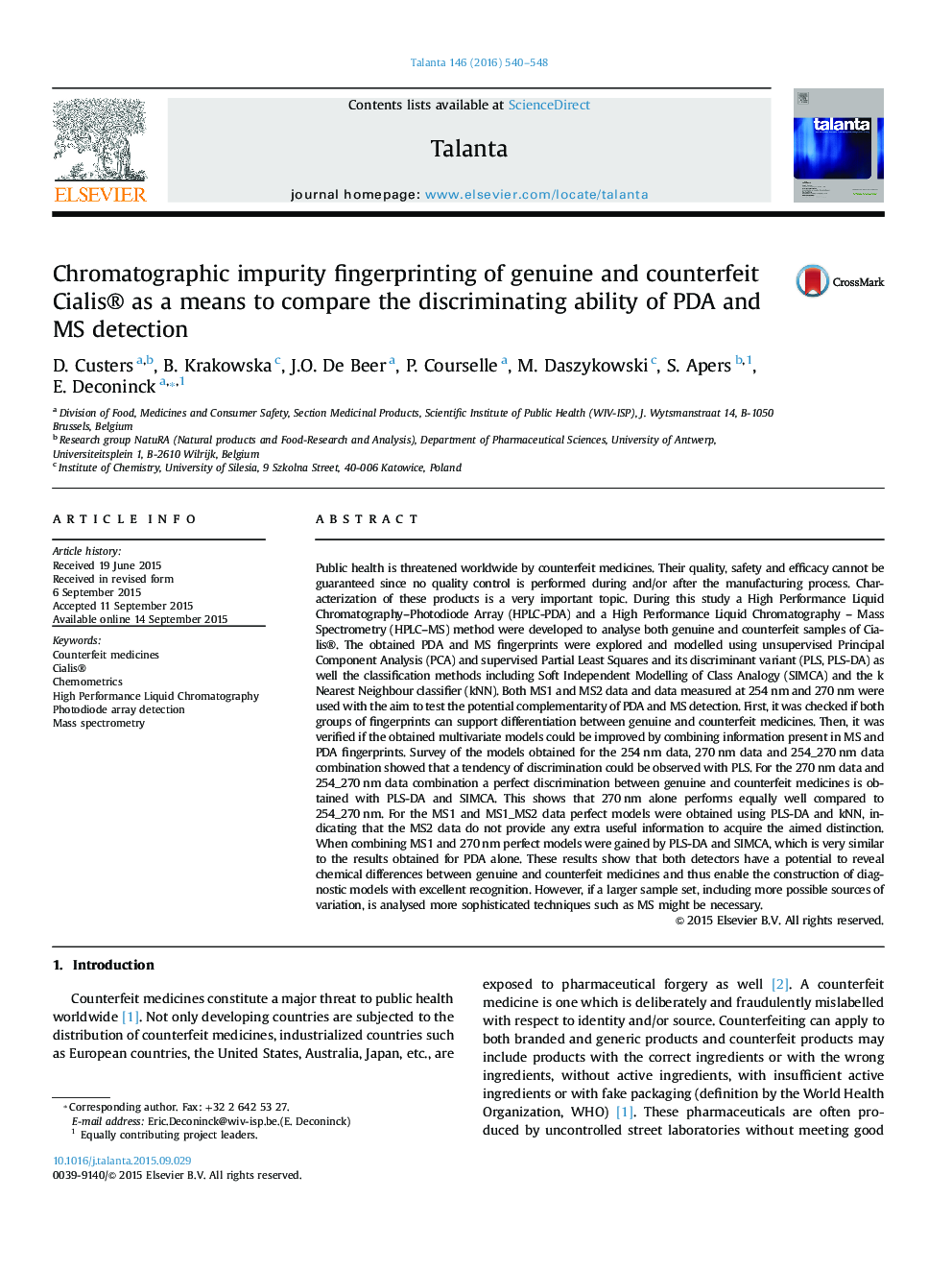 Chromatographic impurity fingerprinting of genuine and counterfeit Cialis® as a means to compare the discriminating ability of PDA and MS detection