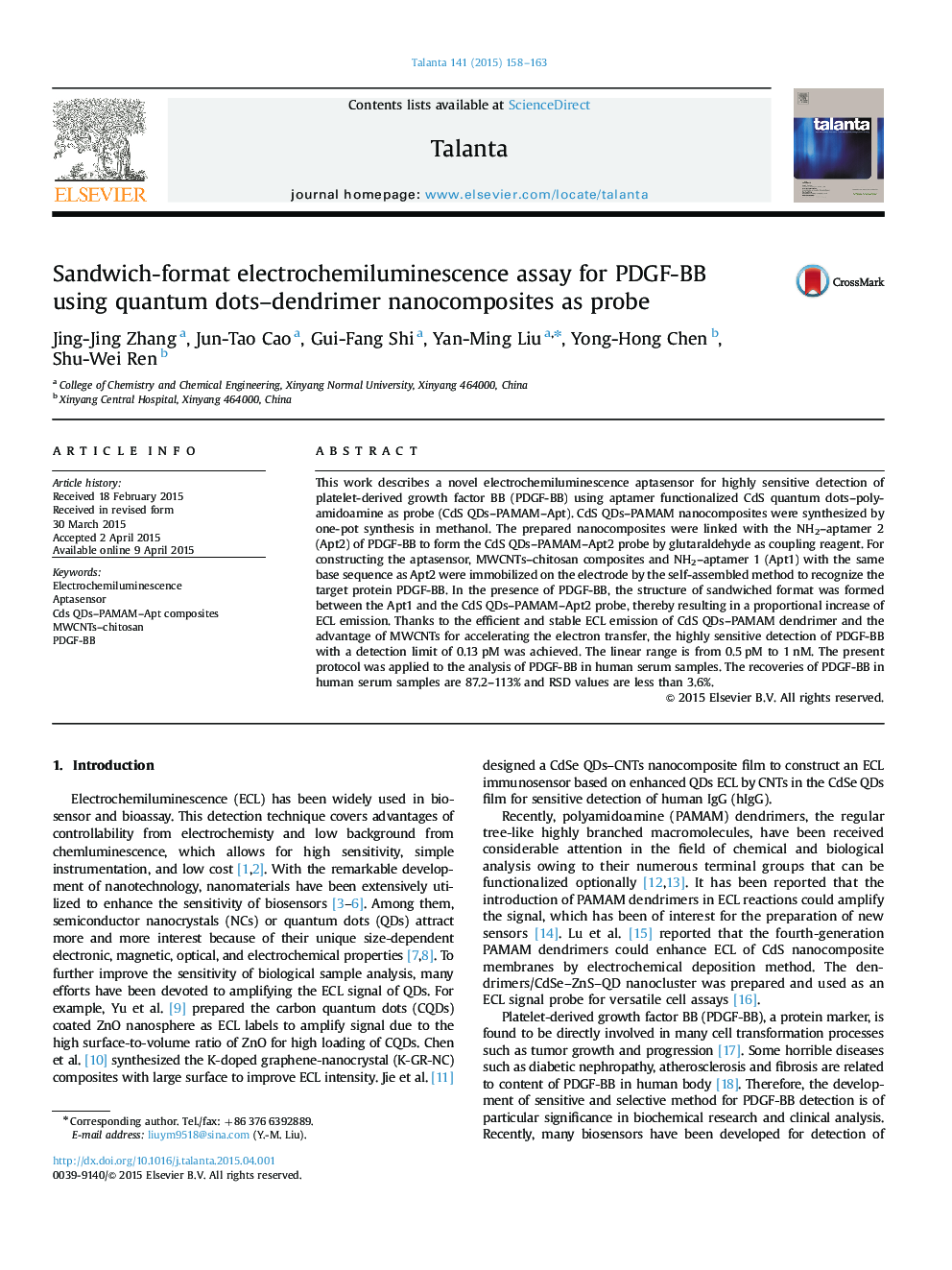 Sandwich-format electrochemiluminescence assay for PDGF-BB using quantum dots-dendrimer nanocomposites as probe