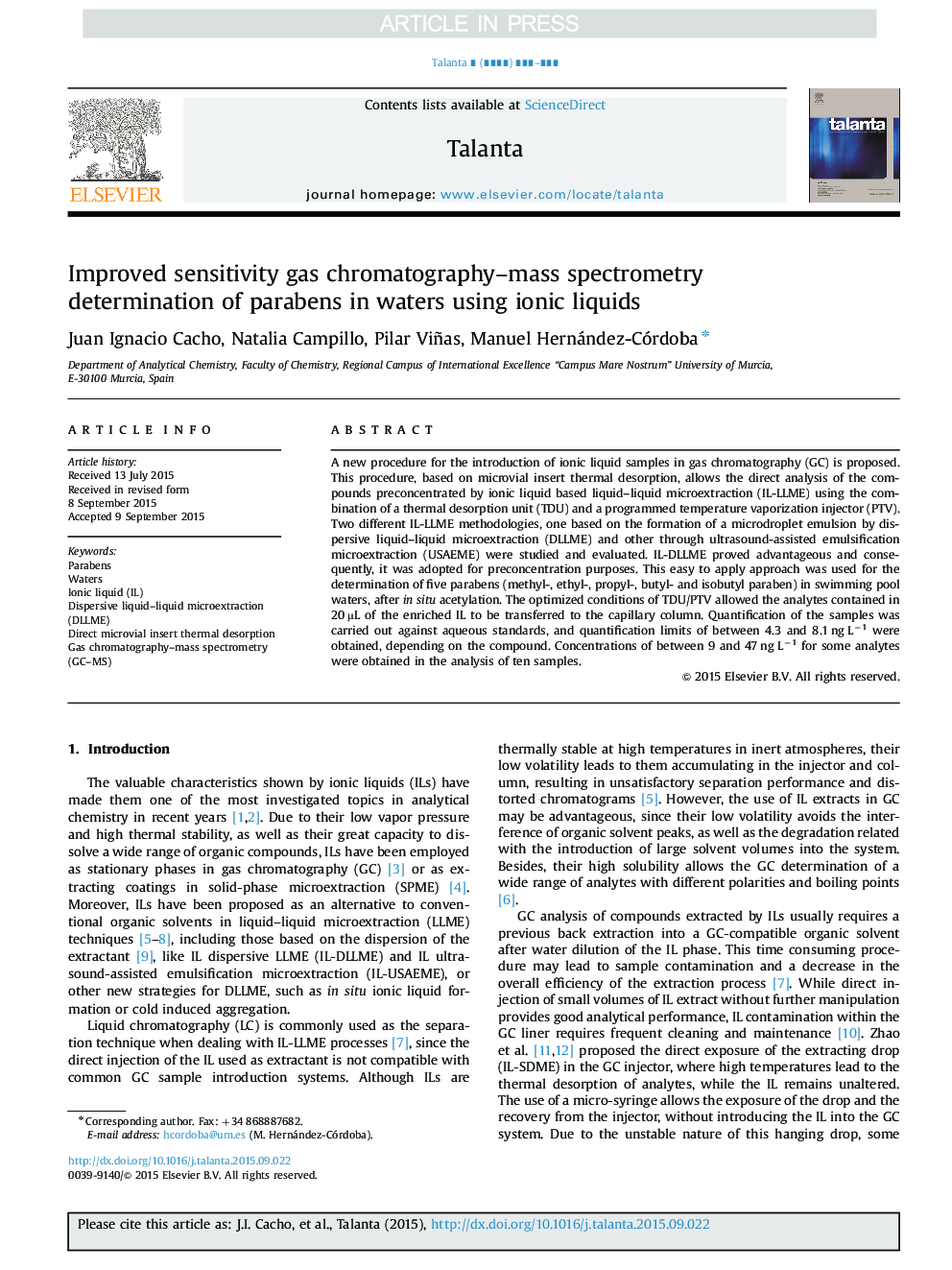 Improved sensitivity gas chromatography-mass spectrometry determination of parabens in waters using ionic liquids