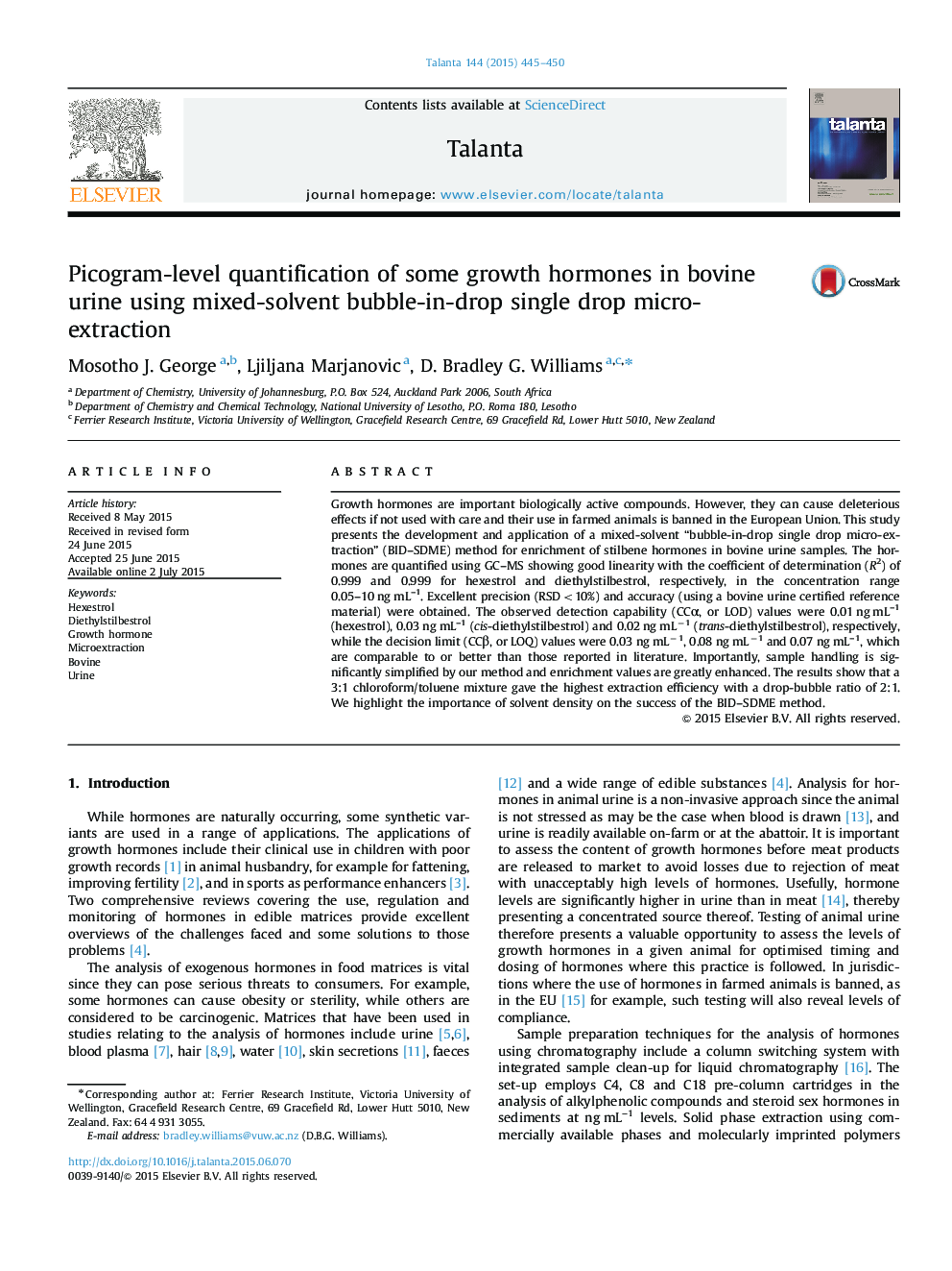 Picogram-level quantification of some growth hormones in bovine urine using mixed-solvent bubble-in-drop single drop micro-extraction