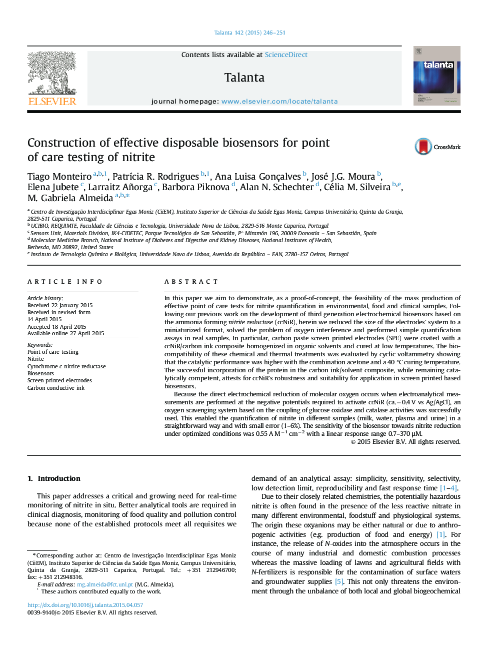 Construction of effective disposable biosensors for point of care testing of nitrite