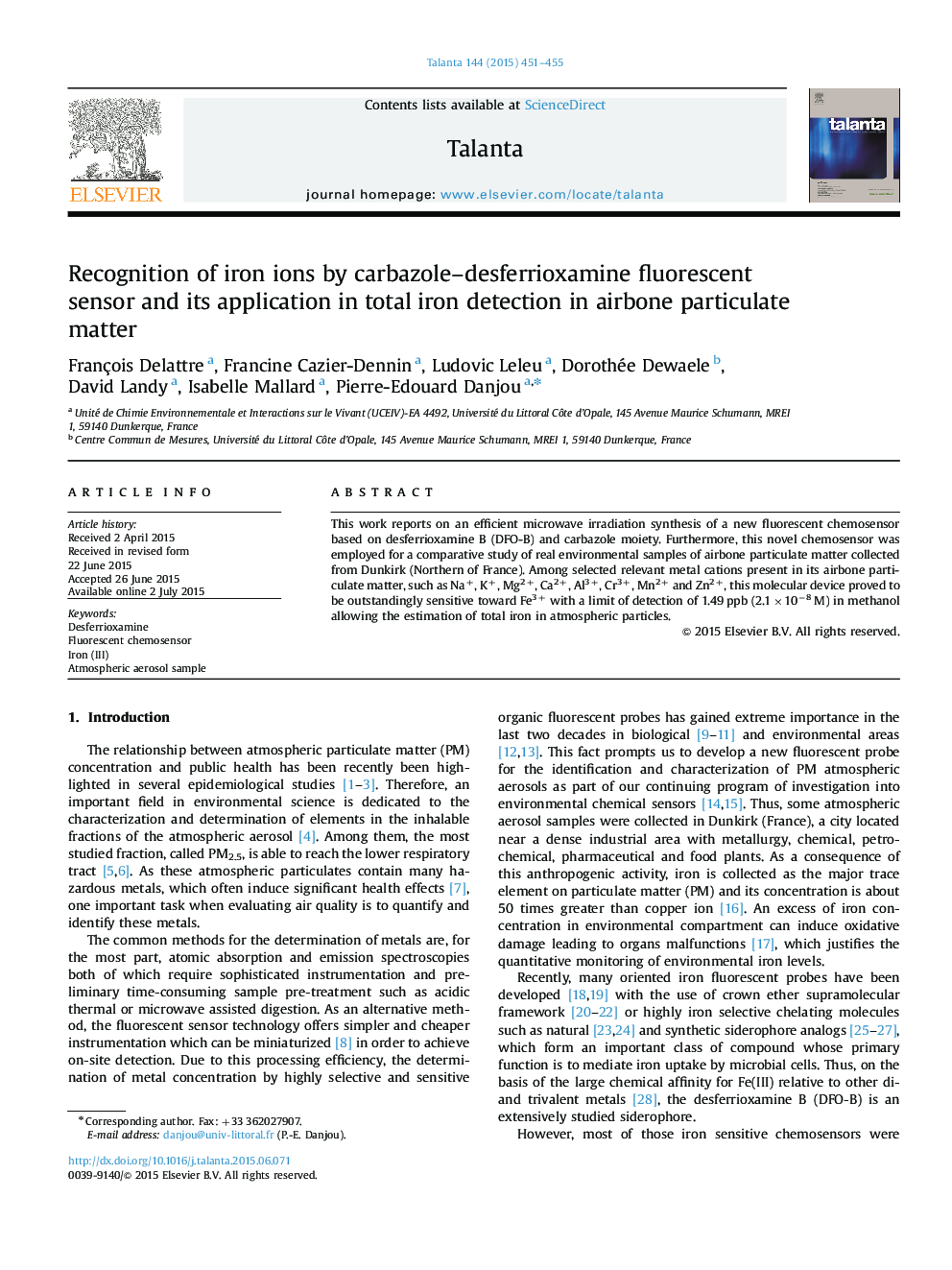 Recognition of iron ions by carbazole-desferrioxamine fluorescent sensor and its application in total iron detection in airbone particulate matter