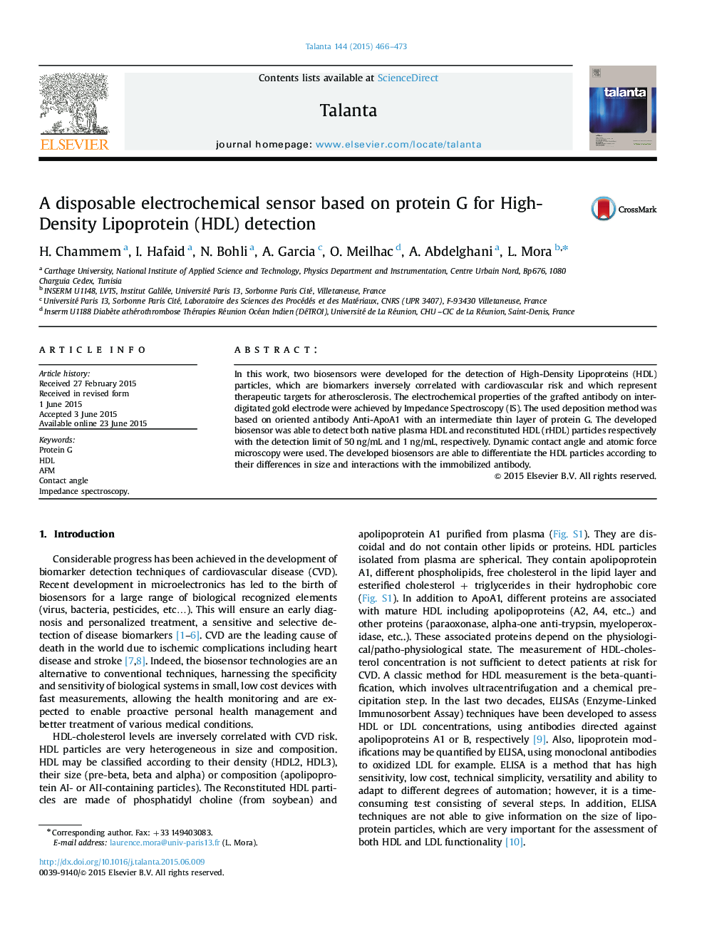 A disposable electrochemical sensor based on protein G for High-Density Lipoprotein (HDL) detection