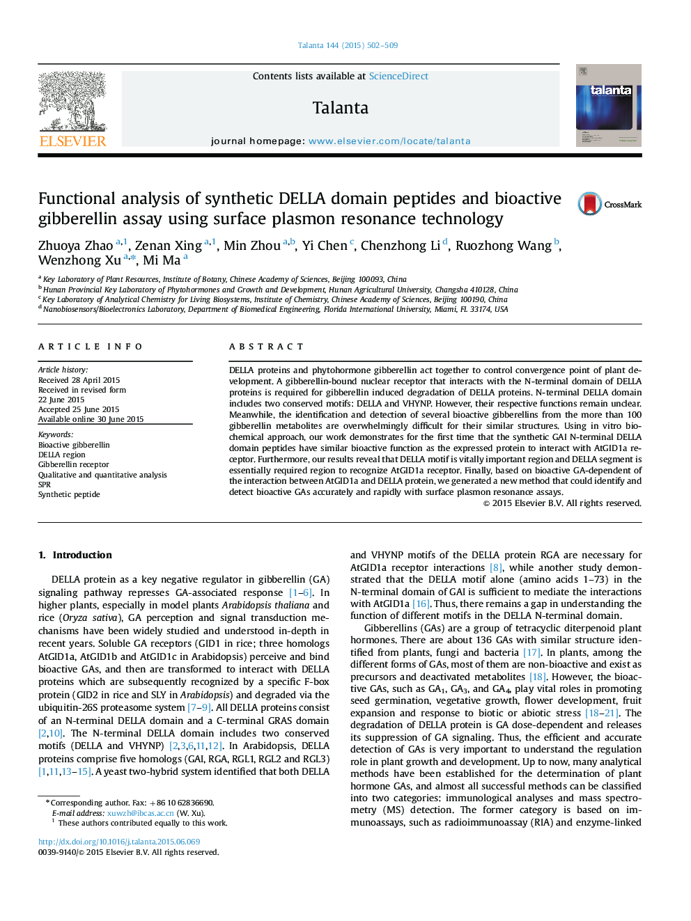 Functional analysis of synthetic DELLA domain peptides and bioactive gibberellin assay using surface plasmon resonance technology