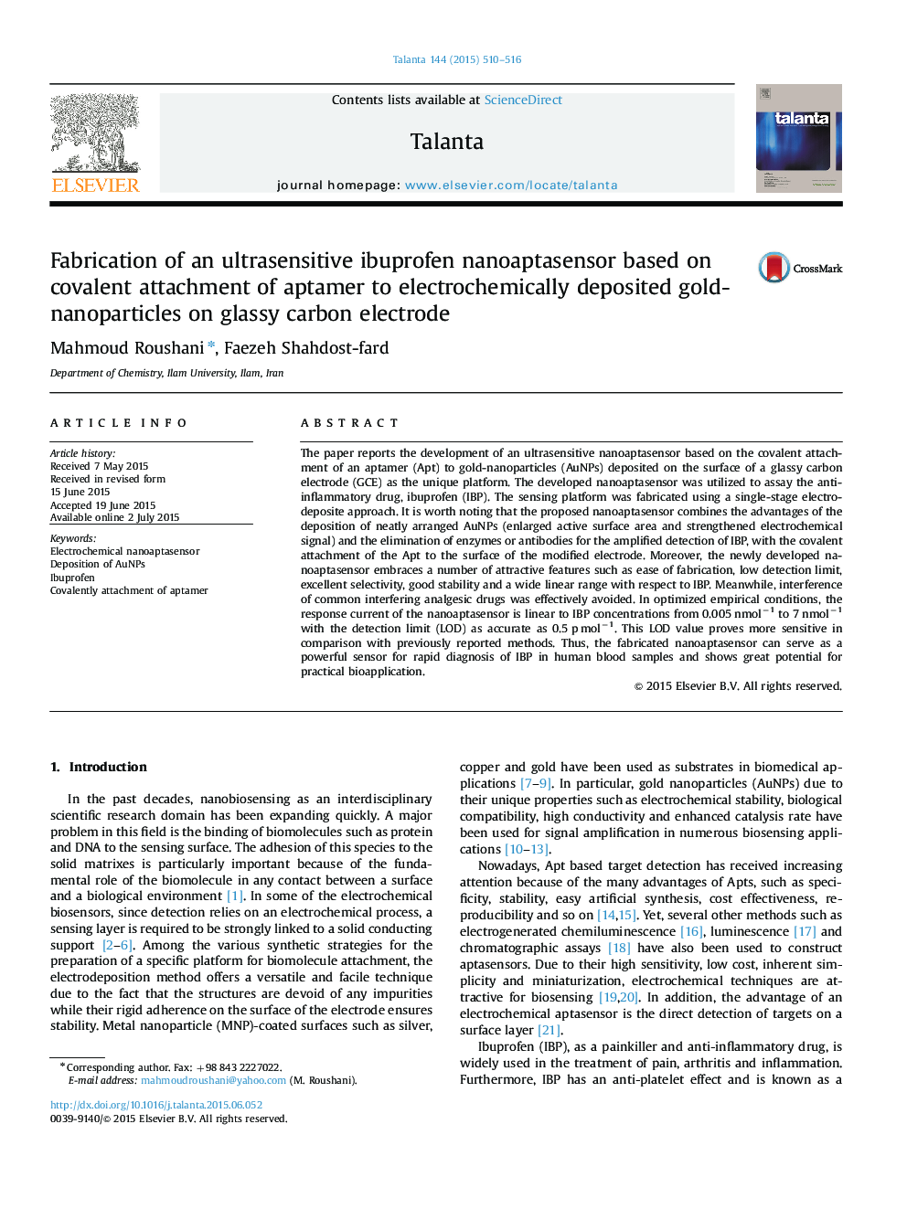 Fabrication of an ultrasensitive ibuprofen nanoaptasensor based on covalent attachment of aptamer to electrochemically deposited gold-nanoparticles on glassy carbon electrode