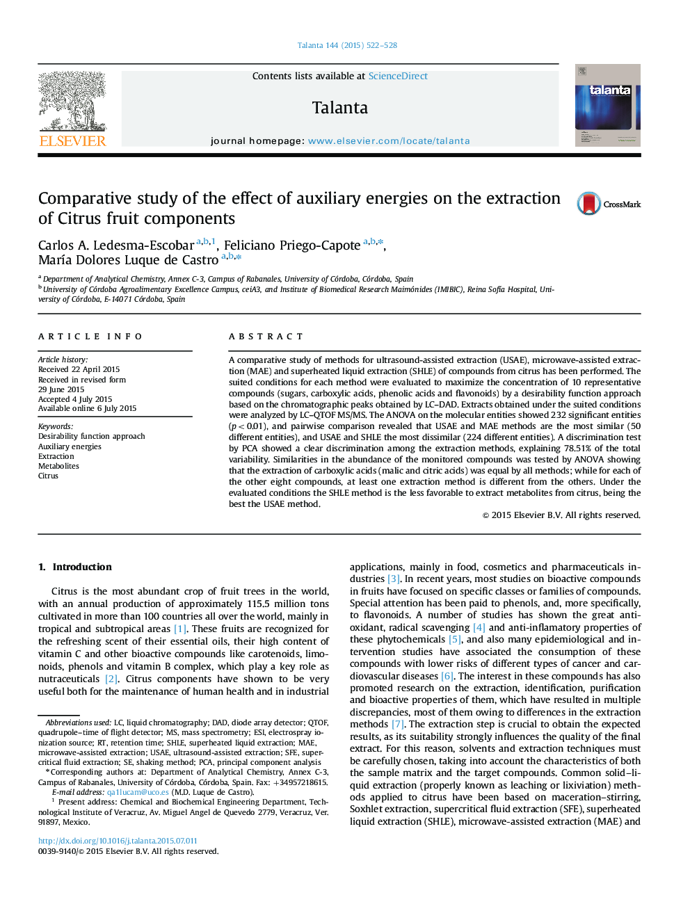 Comparative study of the effect of auxiliary energies on the extraction of Citrus fruit components