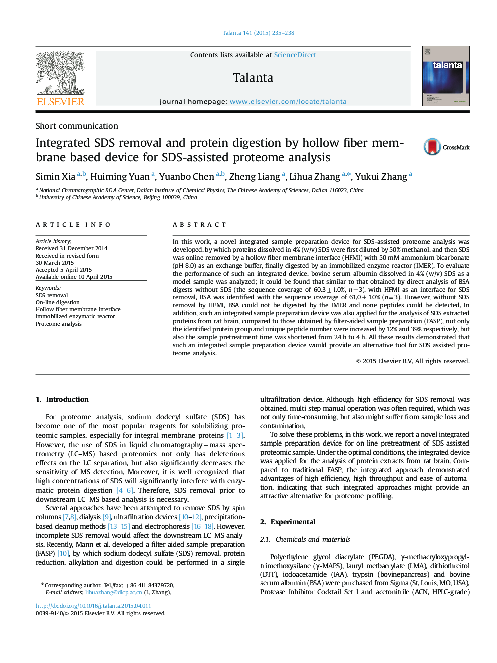 Integrated SDS removal and protein digestion by hollow fiber membrane based device for SDS-assisted proteome analysis