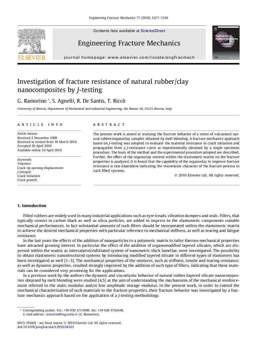 Investigation of fracture resistance of natural rubber/clay nanocomposites by J-testing